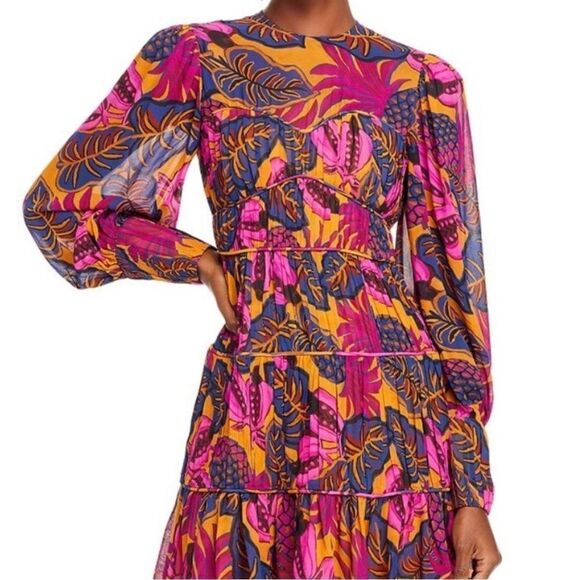 FARM RIO Pink Yellow Fruit Dream Long Sleeve Ruffle Pleated Mini Small $265 - Picture 7 of 14